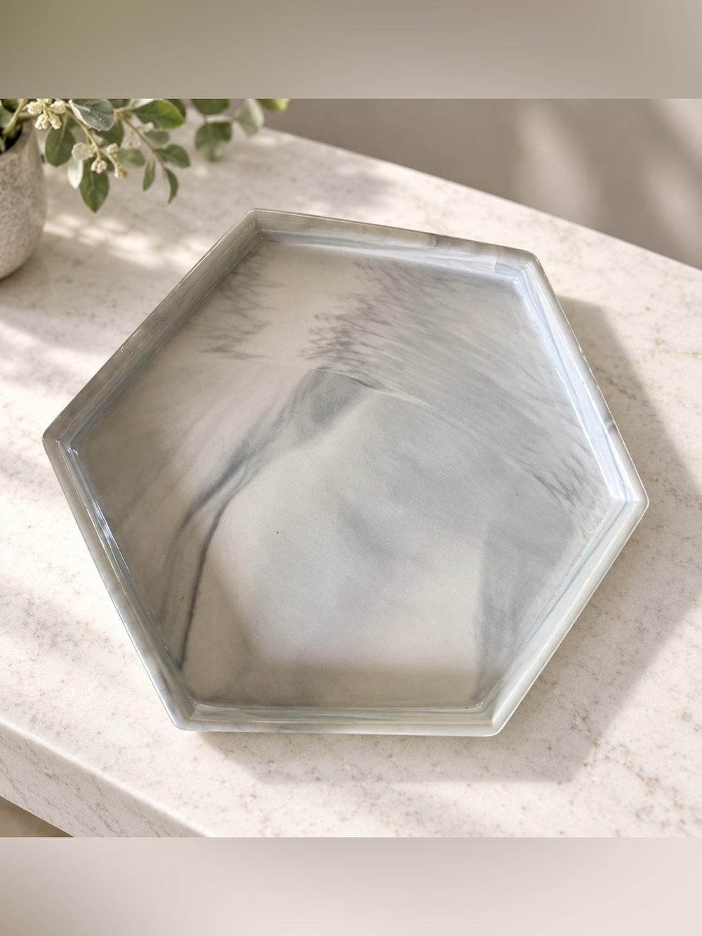 Marble Look Hexagon Glass Decorative Plate 10 Inch